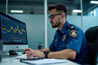 Jeune agent de police concentré sur un ordinateur avec graphiques crypto