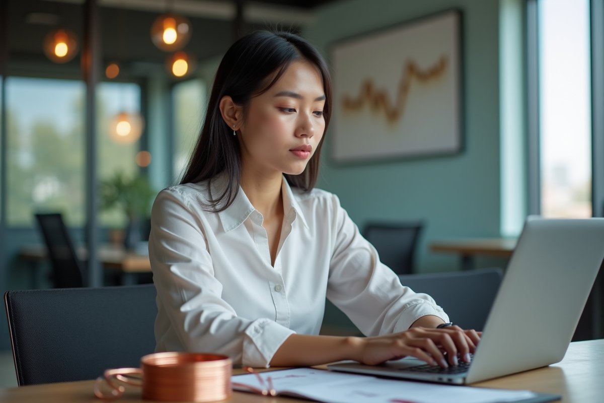 Jeune analyste financier étudie graphique de cuivre au bureau