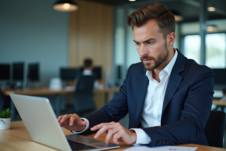 Analyste financier en costume dans un bureau moderne