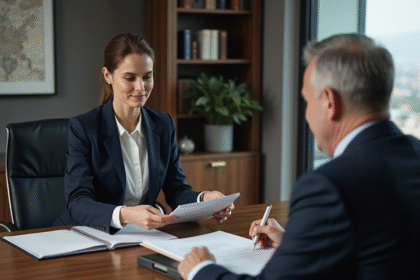 Femme en costume professionnel remet un dossier au notaire