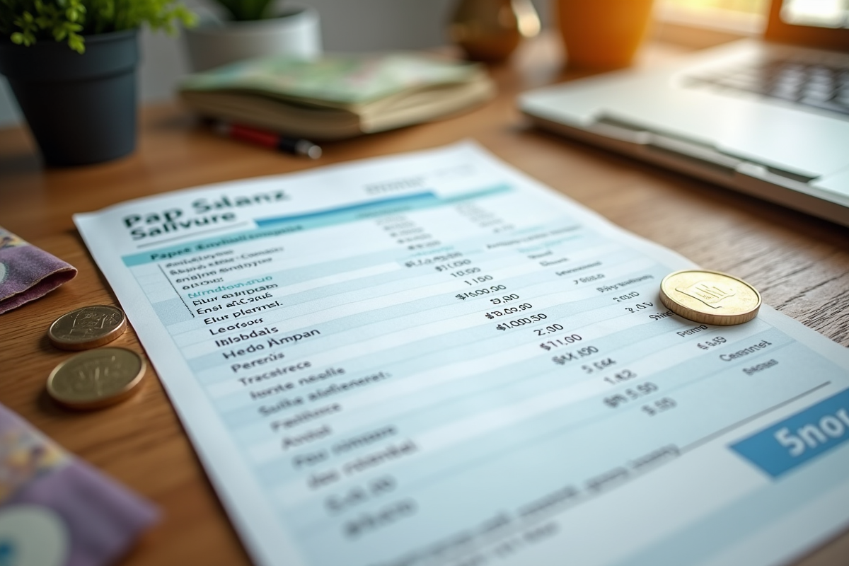 Bulletin de salaire français sur un bureau en bois