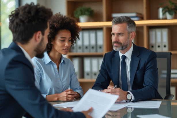 Conseiller en assurance en costume navy expliquant documents à un couple