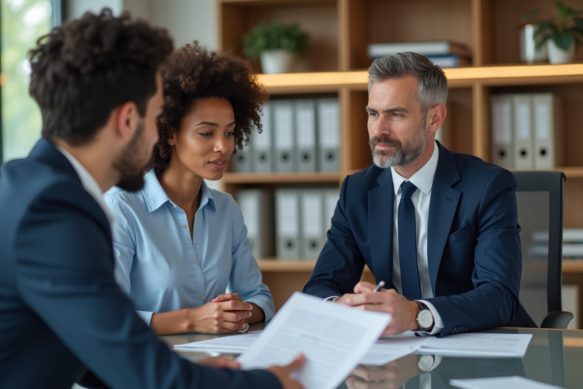 Conseiller en assurance en costume navy expliquant documents à un couple