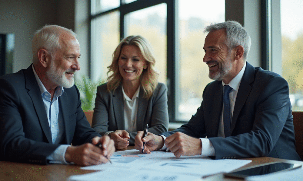 Conseiller financier souriant avec un couple lors d'une réunion