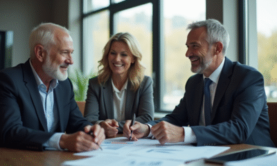 Conseiller financier souriant avec un couple lors d'une réunion