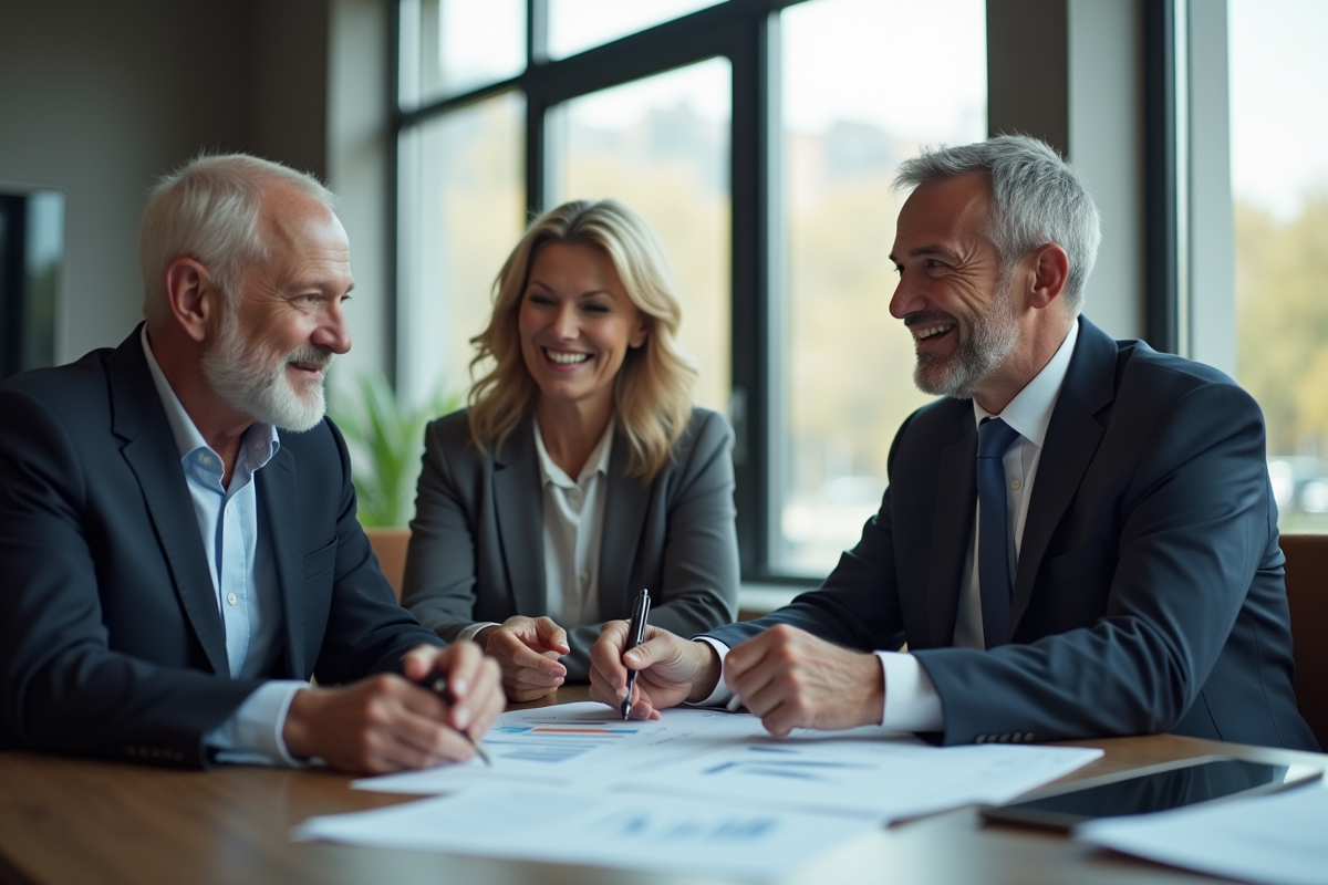 Conseiller financier souriant avec un couple lors d'une réunion