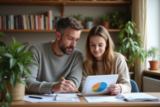 Couple de milieu d'âge planifiant finances avec un graphique