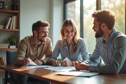 Jeune couple avec conseiller financier dans un bureau lumineux