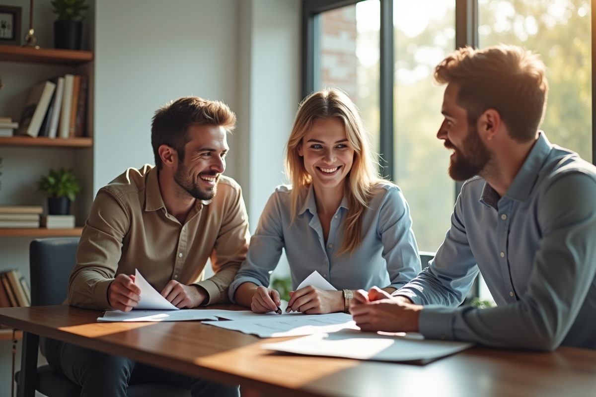 Jeune couple avec conseiller financier dans un bureau lumineux