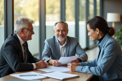 Couple moyenâgeux avec conseiller bancaire pour prêt immobilier