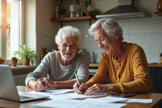 Couple souriant planifiant la retraite dans la cuisine