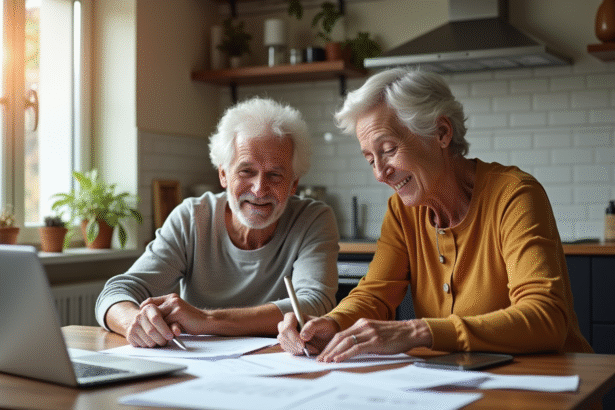 Couple souriant planifiant la retraite dans la cuisine