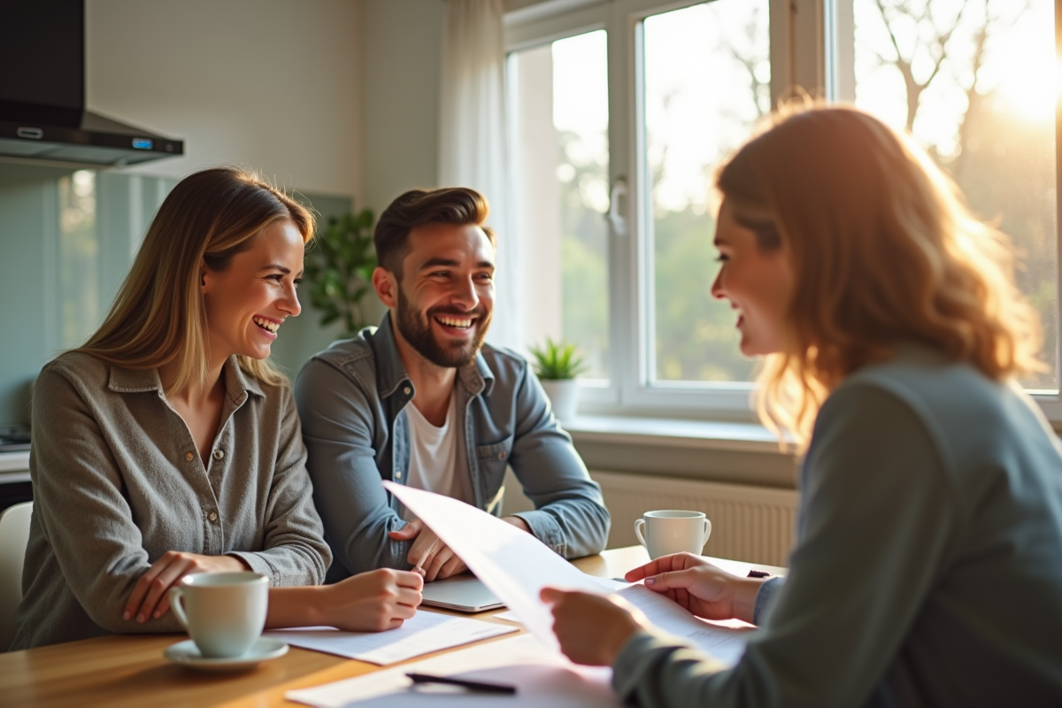 Jeune couple souriant avec documents et conseiller bancaire