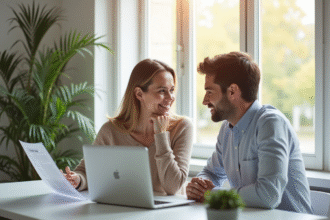Jeune couple professionnel discutant finances à la maison