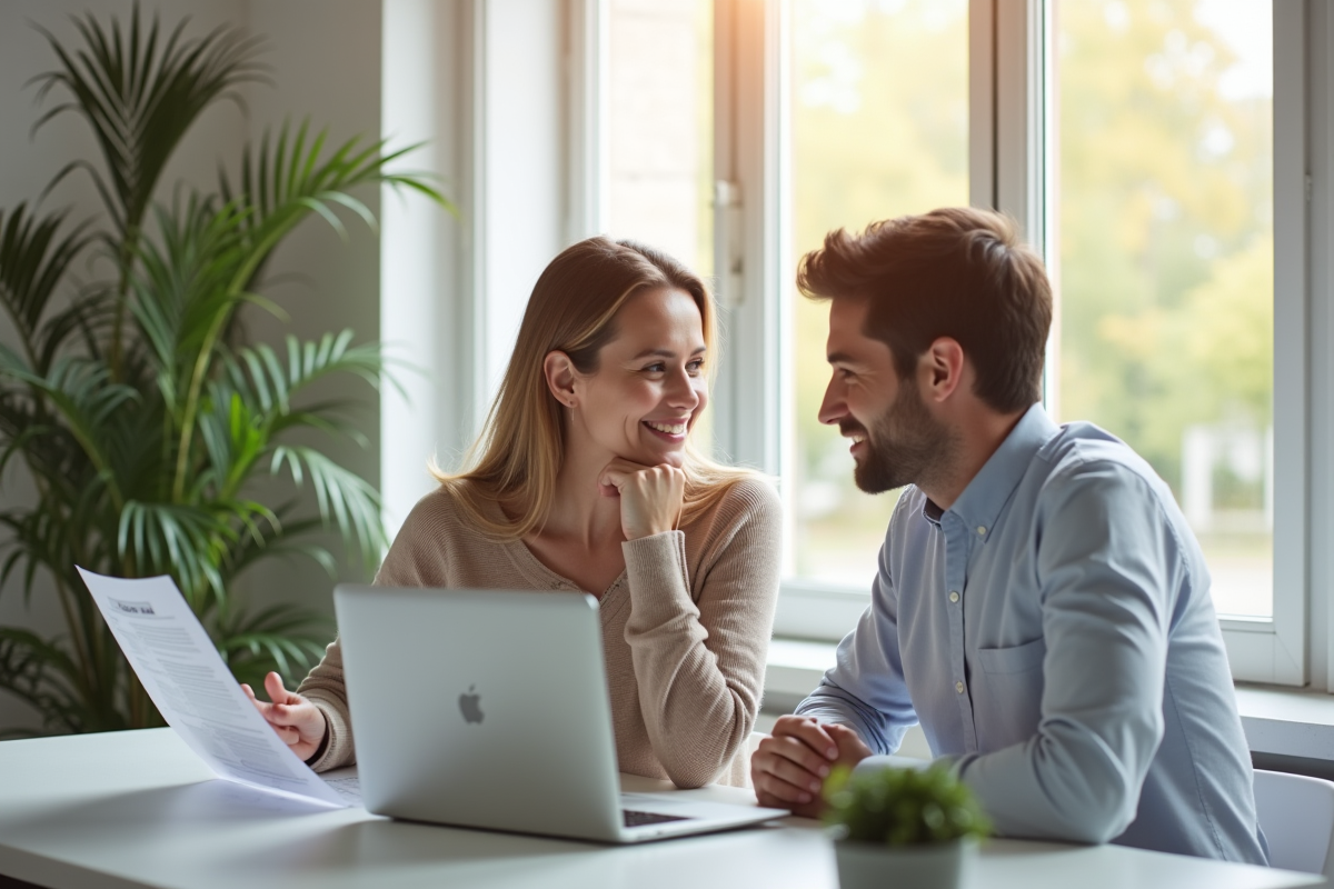 Jeune couple professionnel discutant finances à la maison