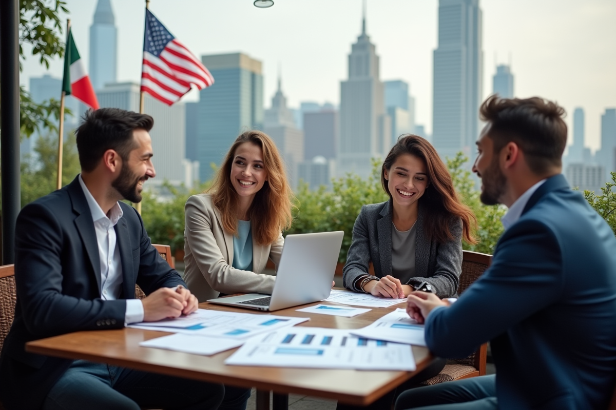 Groupe de jeunes discutant autour d une table en ville