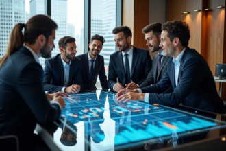 Professionnels de banque autour d'une table digitale moderne