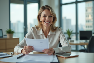 Femme d affaires au bureau examine un relevé bancaire