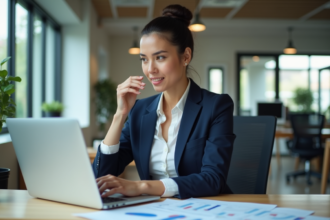 Femme d'affaires en bureau calculant des chiffres