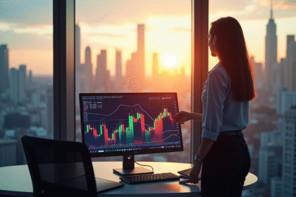 Femme d'affaires dans un bureau moderne observant un graphique boursier