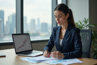 Femme d'affaires concentrée examinant des documents financiers