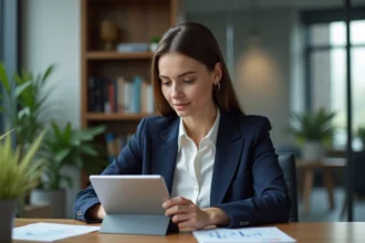 Femme en blazer analyse un graphique financier sur tablette