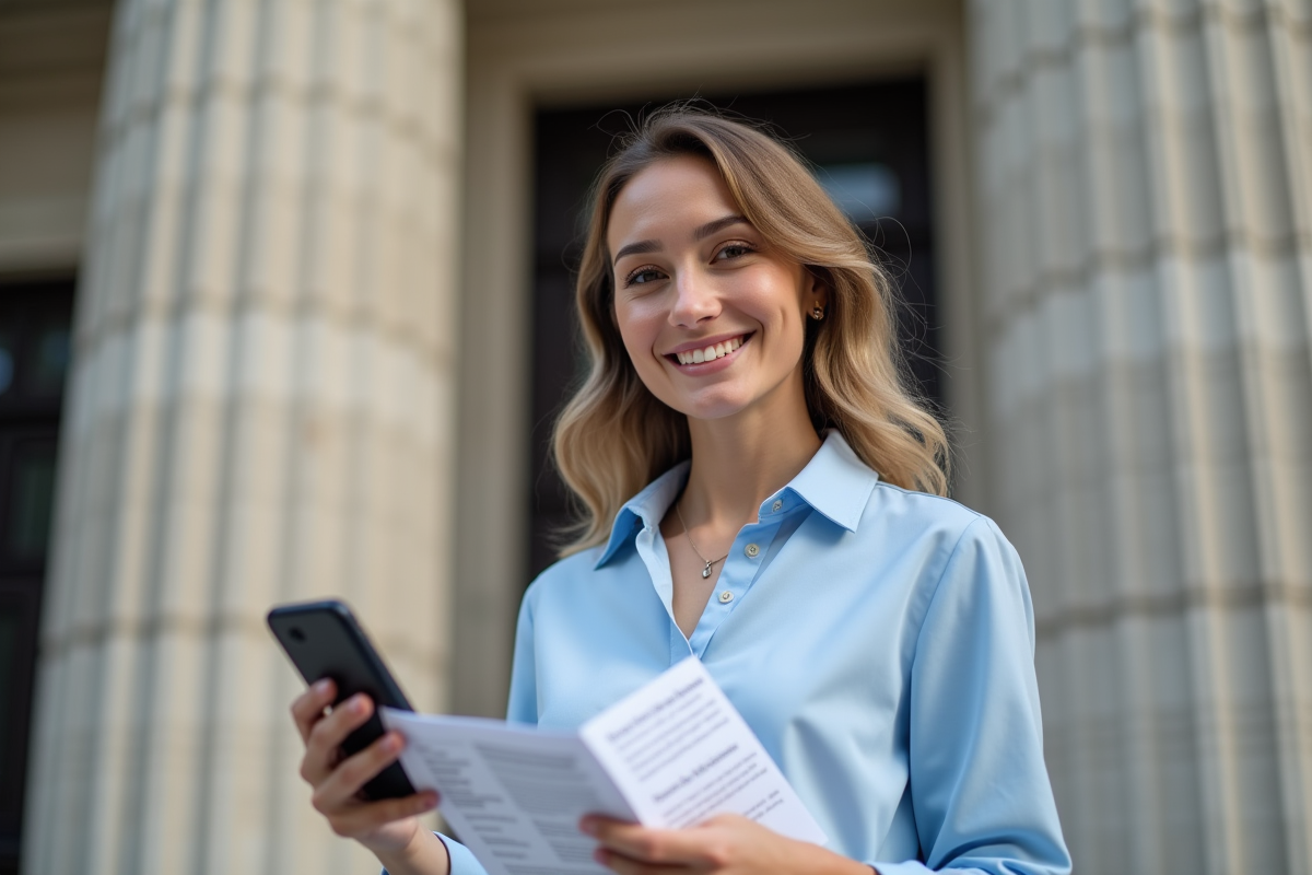 Femme avec certificat devant un bâtiment officiel