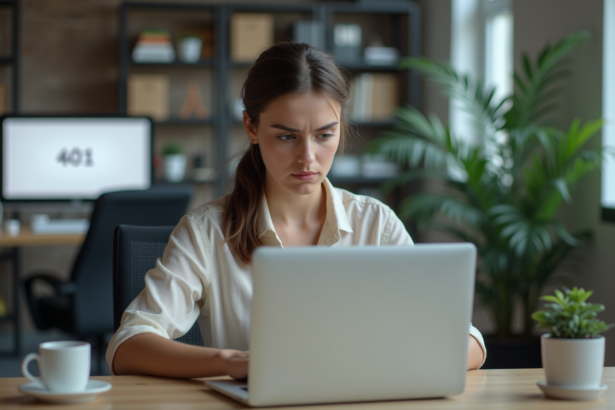 Jeune femme au bureau face à un message 401 Unauthorized