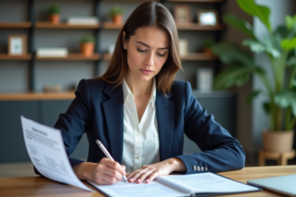 Femme professionnelle en blazer bleu au bureau