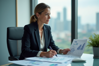 Femme d affaires analysant des graphiques financiers