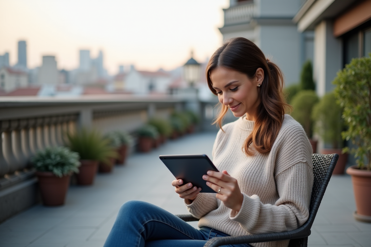 Femme détendue vérifiant des annonces immobilières en extérieur