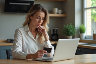 Femme utilisant un ordinateur et une carte de crédit à la maison