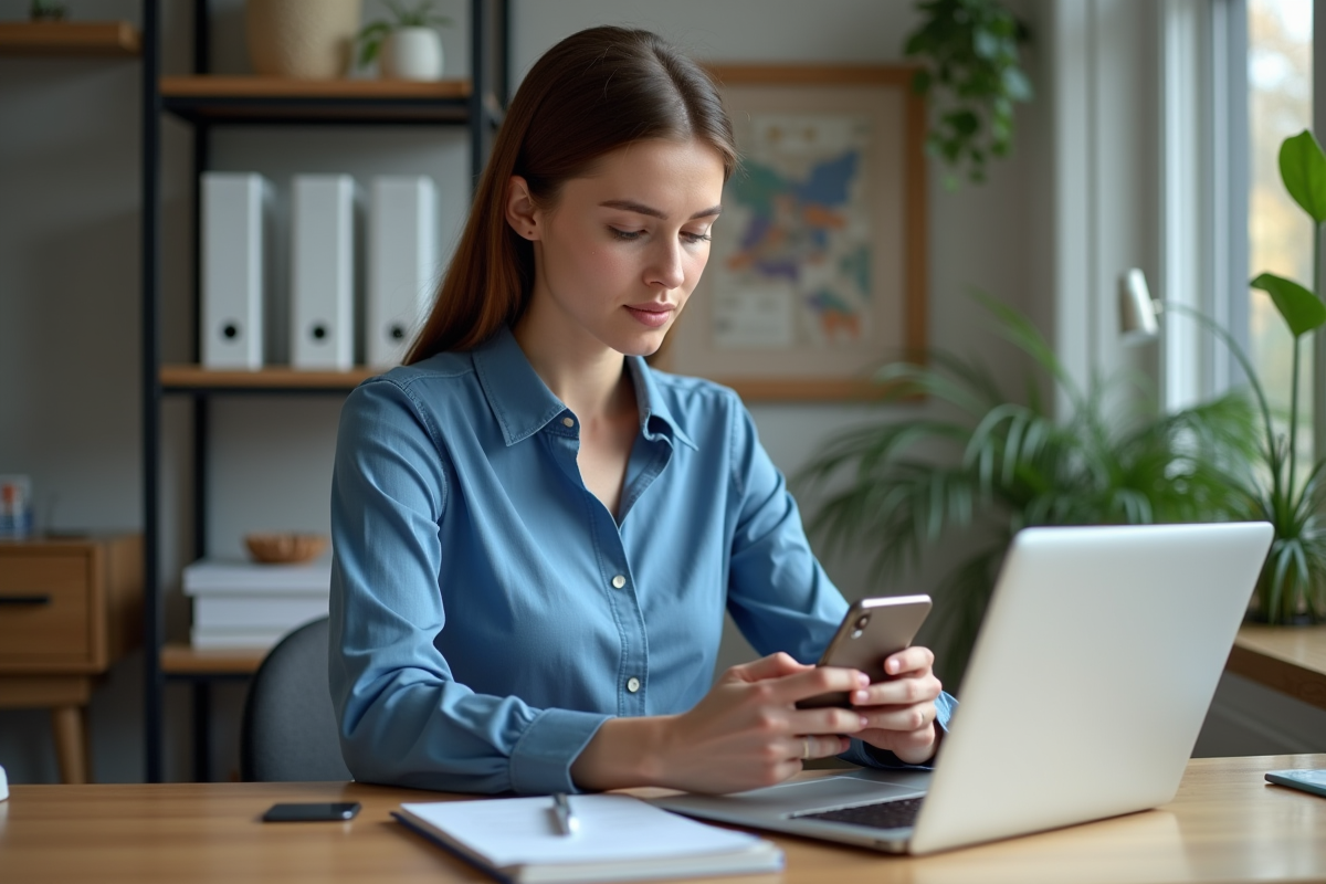 Femme professionnelle utilisant un smartphone et un ordinateur pour la crypto