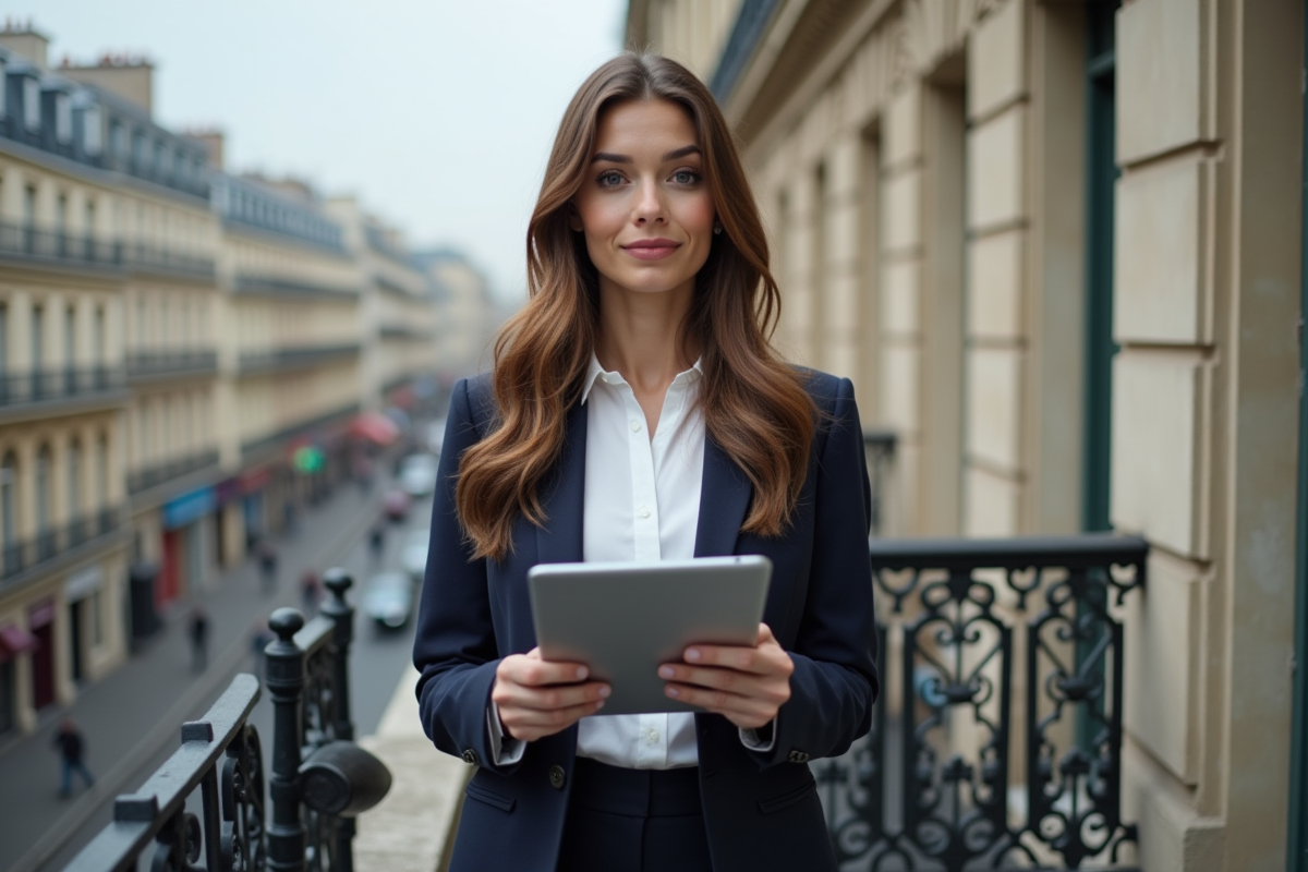 Femme française sur un balcon de Paris avec une tablette