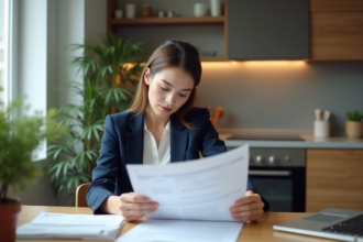 Femme en blazer examinant des documents de pret