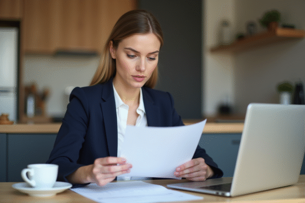 Femme en blazer bleu examinant documents immobiliers