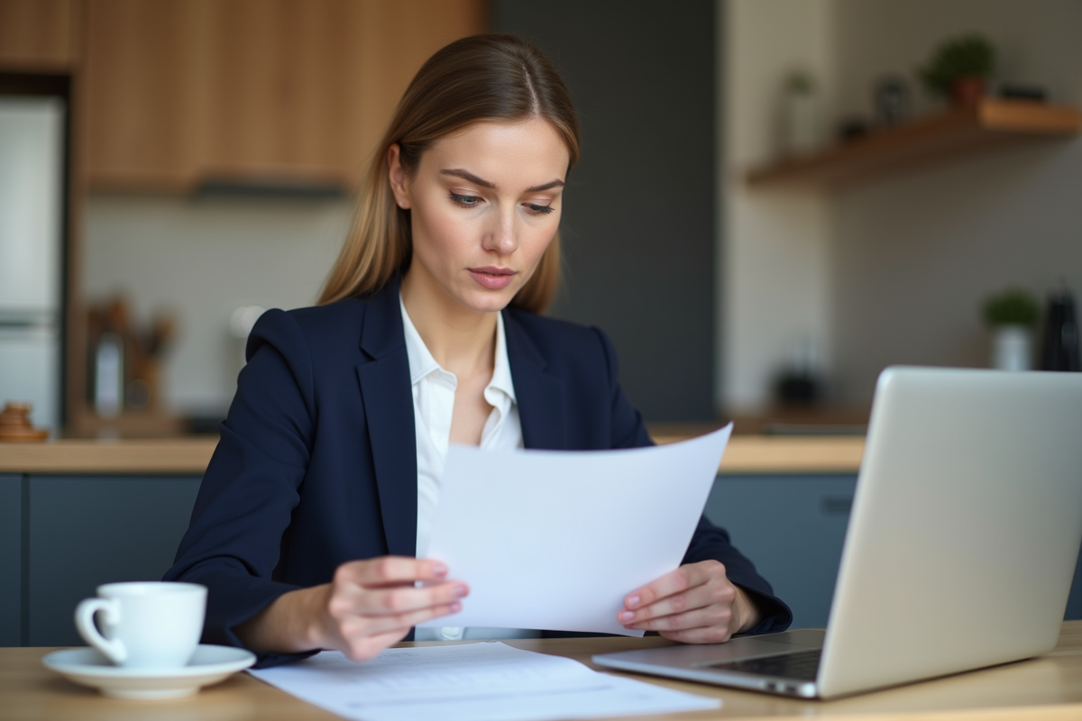 Femme en blazer bleu examinant documents immobiliers