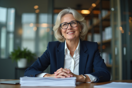 Femme d'affaires en blazer navy dans un bureau moderne