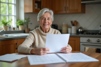 Femme souriante en cuisine avec lettre et calendrier