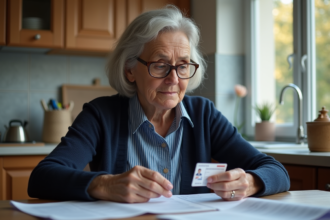 Femme âgée relisant ses papiers de pension dans une cuisine