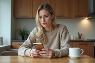 Femme assise à la cuisine avec sa carte bancaire et smartphone