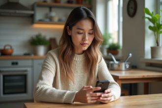 Jeune femme avec smartphone dans la cuisine chaleureuse