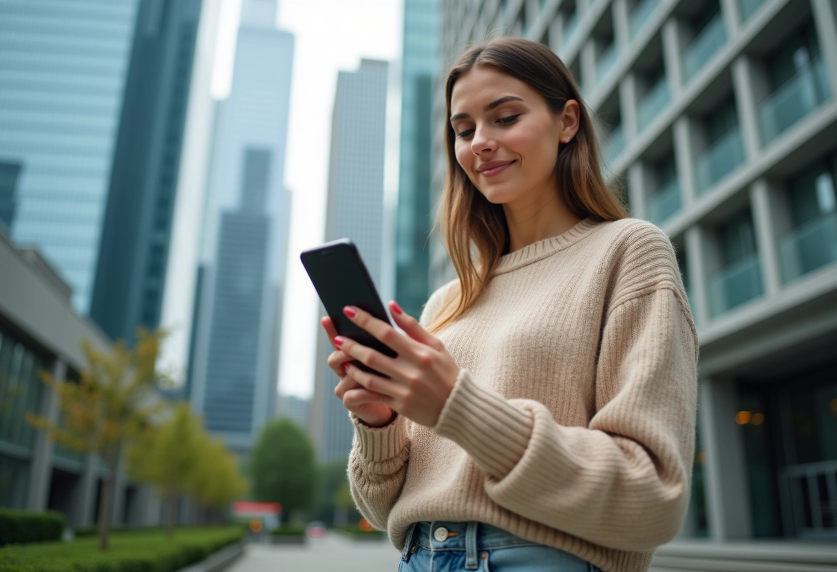 Jeune femme souriante utilise son smartphone en ville