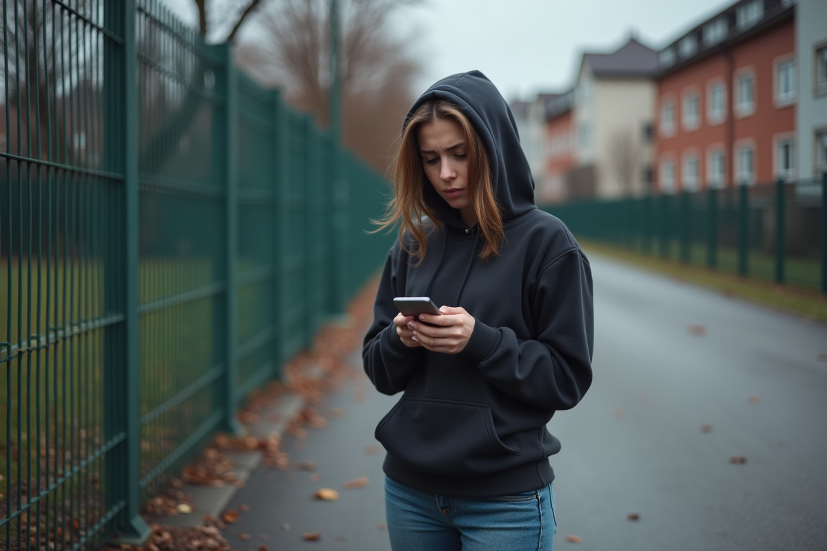 Jeune femme inquiète regardant son smartphone dans un parc