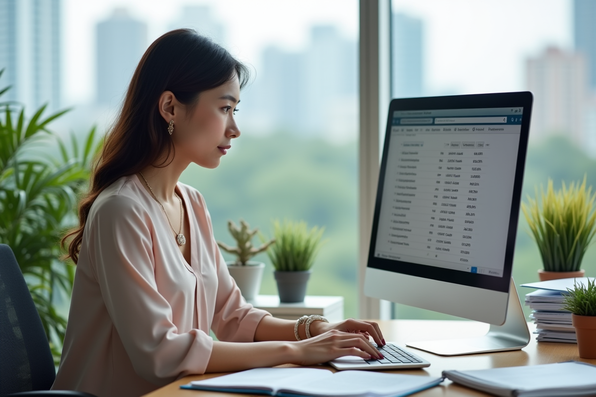 Jeune femme travaillant sur un ordinateur pour comparer des devis d