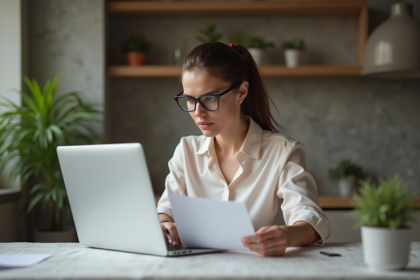 Femme concentrée travaillant sur son ordinateur à la maison
