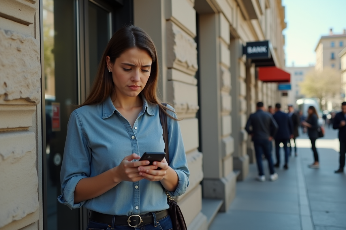 Jeune femme d affaires regardant son smartphone devant une banque
