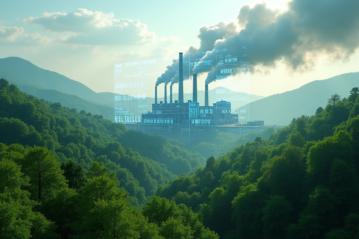 Forêt verte avec usine et hologramme de données sur les émissions de carbone