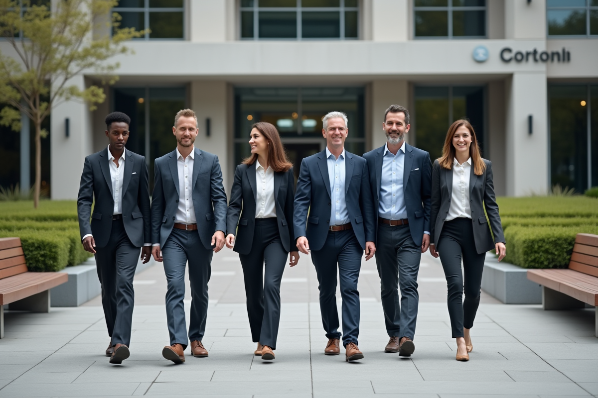 Groupe de professionnels divers en extérieur devant un bâtiment