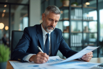 Homme d'affaires en costume bleu analyse des graphiques financiers